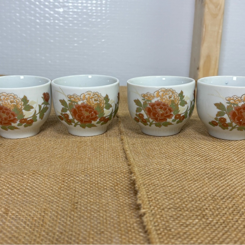 Floral Porcelain Tea Cups Set - Orange and White